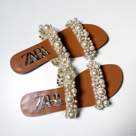 Zara Flat Vinyl Pearls Sandals Women’s Size 37 - Picture 6 of 7